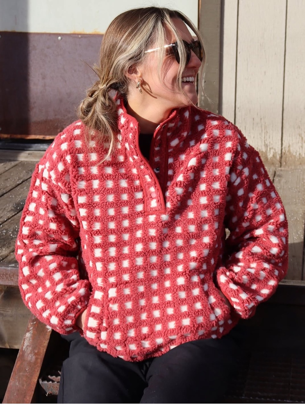 Midnight Lunch Wyoming Fleece Pullover Mock Neck 3/4 Button Up Checkered Red